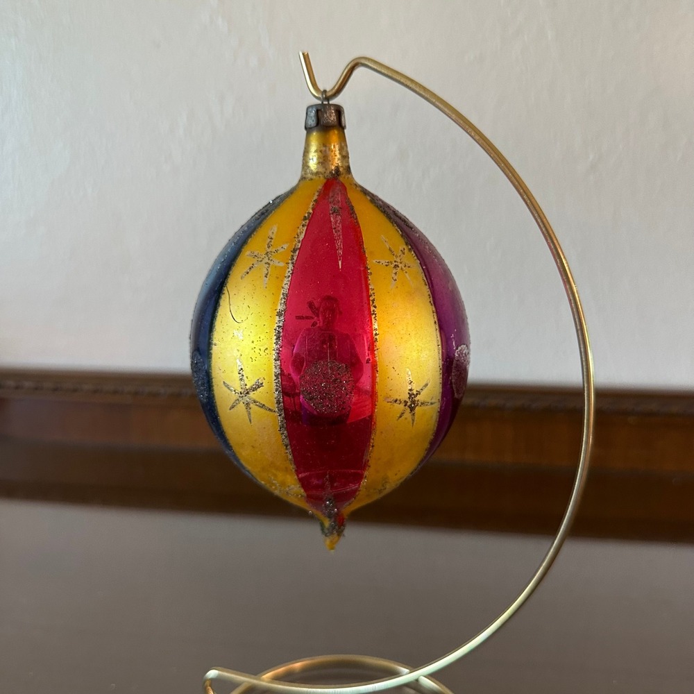 Vintage Poland 6'' Jumbo Teardrop Glass Christmas Ornament Multi Color Mica